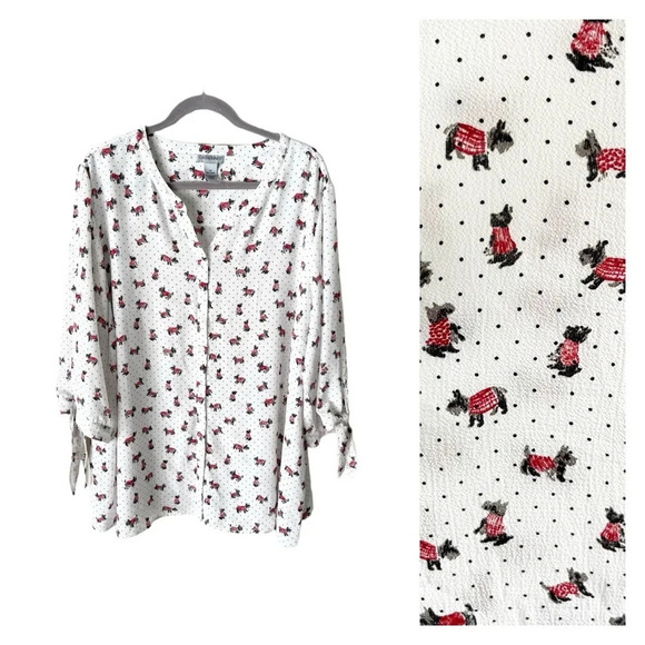 Catherine's Blouse Women's 2X Scottish Terrier Dog Print Button Down Dot 3/4 Top - Picture 1 of 9